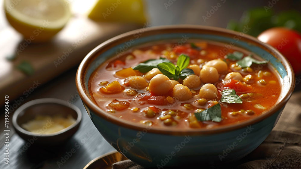 A delicious serving of harira soup, showcasing a flavorful combination of tomatoes, lentils, and chickpeas, perfect for warming up A delicious serving of harira soup, showcasing a flavorful combination of tomatoes, lentils, and chickpeas, perfect for warming up