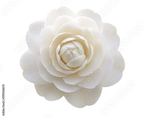 Exquisite close-up of a pristine white camellia blossom, showcasing its delicate petals and intricate details against a pure white background.