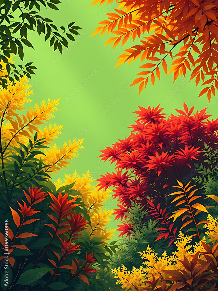 Rahmen aus Blättern Zweigen in orange rot gelb vor grünem Hinterrgund im Zentrum leere Fläche zur Gestaltung als Vorlage natürliche Strukturen herbstlich sommerlich frisch dekorativ