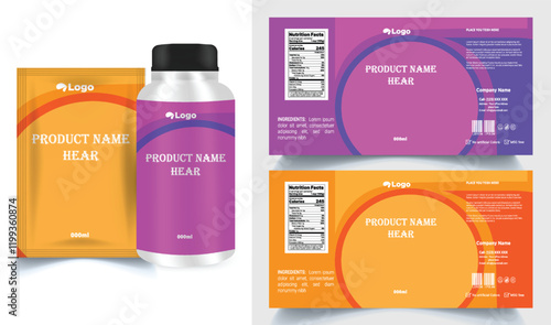 Vitamin label sticker design, natural multi food supplement banner packaging, jar label.