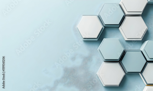 Abstract hexagonal pattern background.  Modern, minimalist design with light blue and white hexagons on a pale blue backdrop. Ideal for presentations, websites, and technology-related projects.