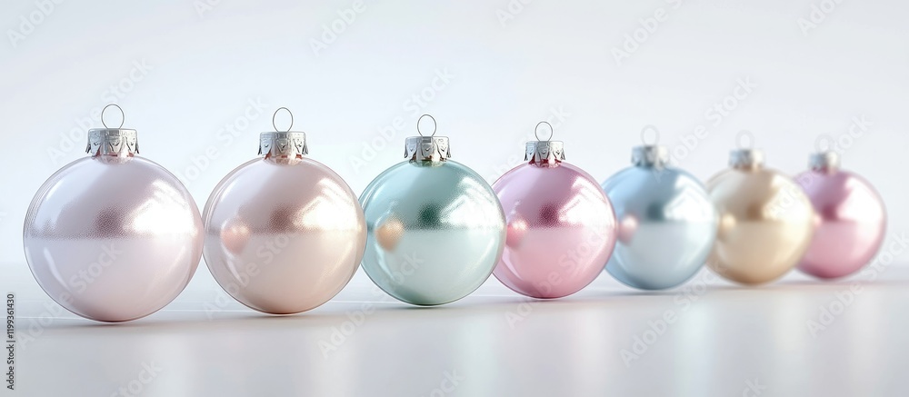 Pastel colored Christmas baubles in a row on a soft white background with ample empty space for text or holiday messaging. Pastel colored Christmas baubles in a row on a soft white background with ample empty space for text or holiday messaging.