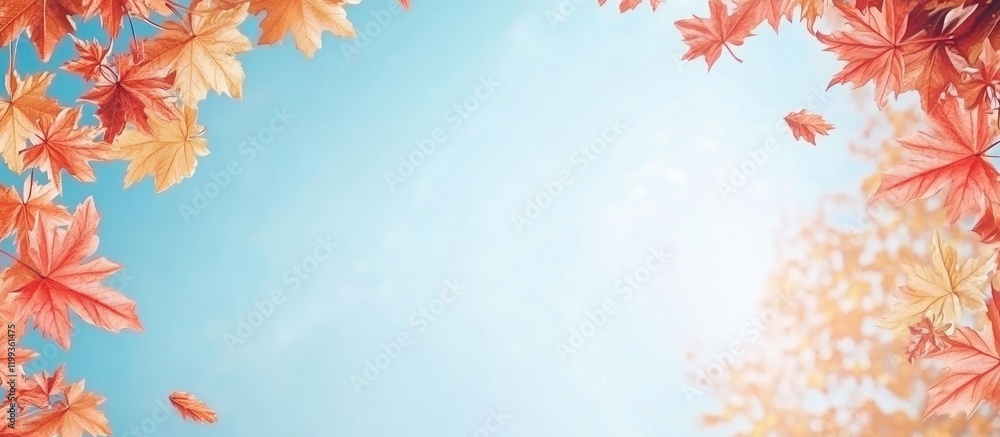 Vibrant Red and Yellow Maple Leaves Framing Clear Blue Sky with Copious Empty Space for Text in Autumnal Setting Vibrant Red and Yellow Maple Leaves Framing Clear Blue Sky with Copious Empty Space for Text in Autumnal Setting