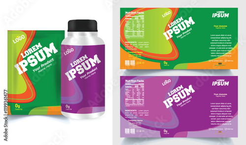 Vitamin label sticker design, natural multi food supplement banner packaging, jar label.