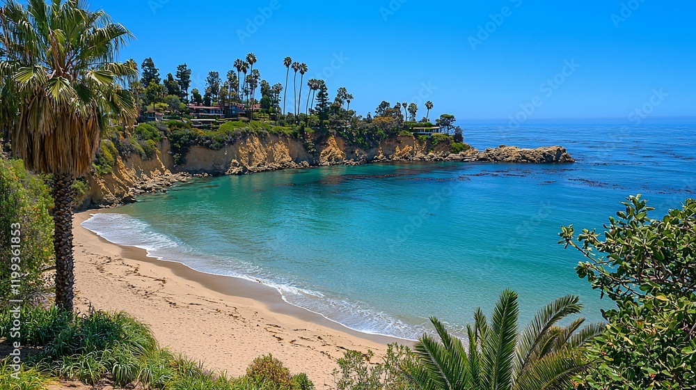 Secluded cove beach with turquoise water, sandy shore, palm trees, and cliffside homes under a sunny sky. Secluded cove beach with turquoise water, sandy shore, palm trees, and cliffside homes under a sunny sky.