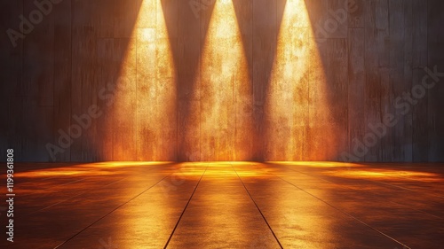 Captivating minimalist stage with warm golden spotlight live performance venue interior dramatic ambiance