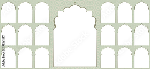 Set of windows Beautiful Arch small & Big Design with geometric Indian Rajasthani fort & Culture. Wedding Backdrop & other uses. Abstract Indian floral design, Persian carpet, tribal texture, Vector.