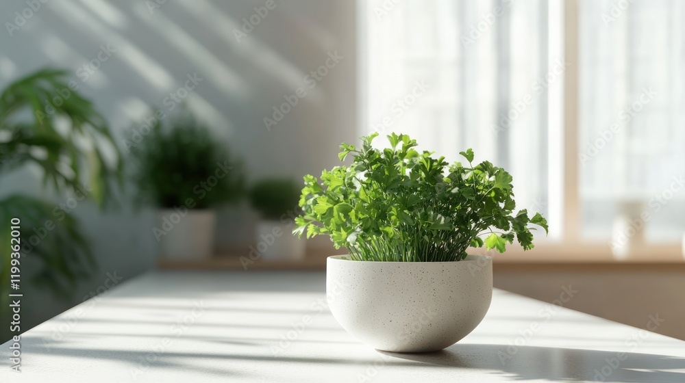 Indoor parsley plant in a speckled pot on a white surface with bright light Indoor parsley plant in a speckled pot on a white surface with bright light