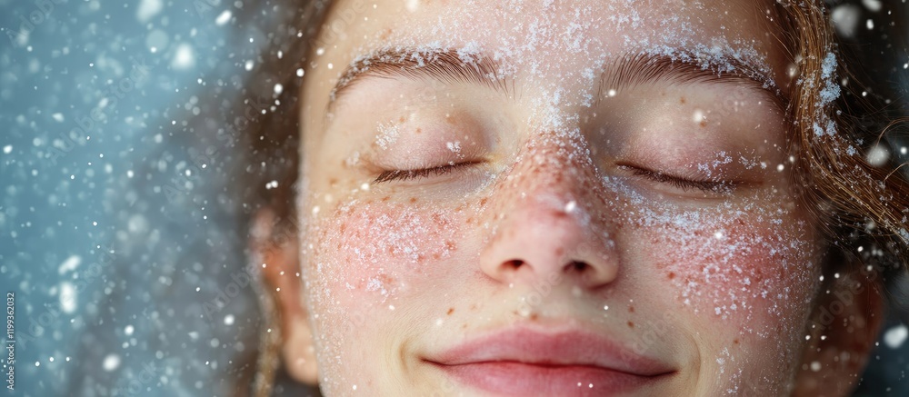 Joyful Female with Freckles and Closed Eyes Smiling in Snowfall Surrounded by White Snowflakes Reflecting Spring Vibes with Empty Text Space Joyful Female with Freckles and Closed Eyes Smiling in Snowfall Surrounded by White Snowflakes Reflecting Spring Vibes with Empty Text Space
