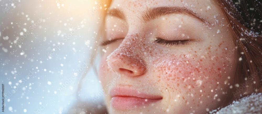 Smiling Female Face with Freckles Under Soft Snowfall in Winter Landscape Eyes Closed Enjoying Peaceful Moment with Space for Text Smiling Female Face with Freckles Under Soft Snowfall in Winter Landscape Eyes Closed Enjoying Peaceful Moment with Space for Text