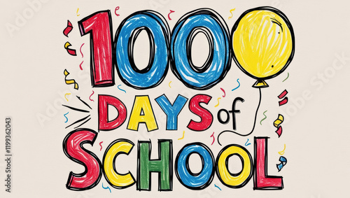Colorful text celebrating 100 days of school with balloons and confetti, perfect for educational themes and classroom decorations