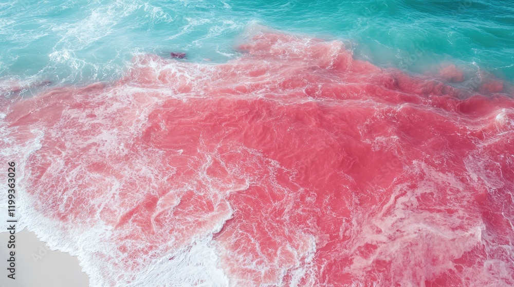 Deserted Tropical White Sand Beach with Red Tide Phenomenon and Turquoise Waves Aerial View Natural Beauty with Copy Space for Text Deserted Tropical White Sand Beach with Red Tide Phenomenon and Turquoise Waves Aerial View Natural Beauty with Copy Space for Text