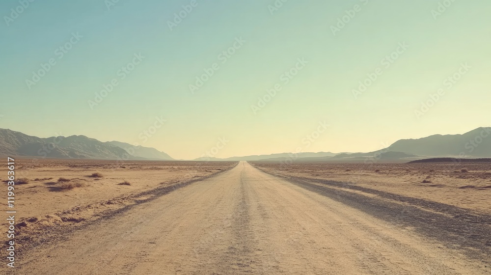 Desert roadway stretching towards distant mountains under a bright sky with open space Desert roadway stretching towards distant mountains under a bright sky with open space