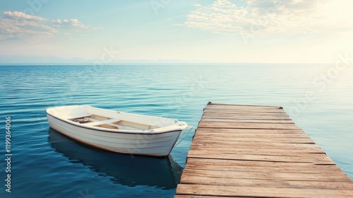 Aerial view of secluded wooden dock with a white boat moored on calm blue ocean water under a clear sky, ideal for text overlay and coastal themes photo