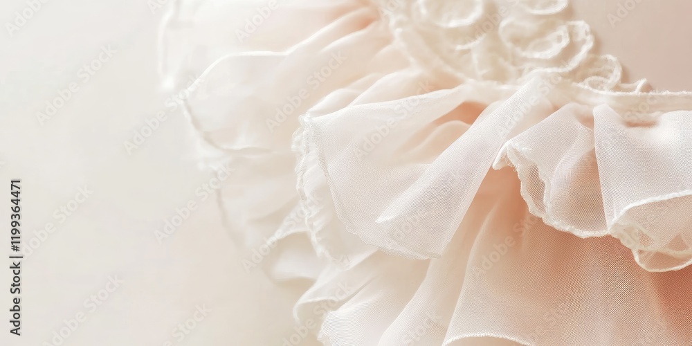 Fototapeta premium Delicate ivory bridal garter with soft tulle details and elegant ruffles on light background featuring empty space for personalized text and customization