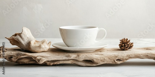 Minimalist Coffee Cup on Driftwood Scene with Negative Space for Text Elements photo