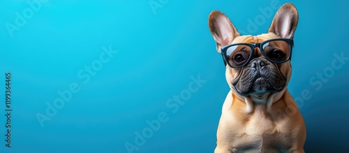 French Bulldog sporting stylish sunglasses against a vibrant blue background with ample negative space for creative text integration. photo