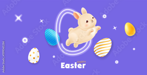 Happy Easter greeting banner. Design template with jumping bunny through a neon sign in the shape of an Easter egg. Background with falling eggs and shining neon stars and circles. Vector illustration