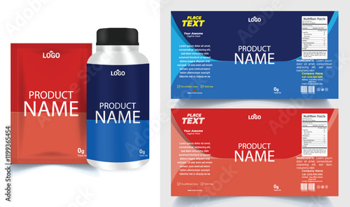 Vitamin label sticker design, natural multi food supplement banner packaging, jar label.