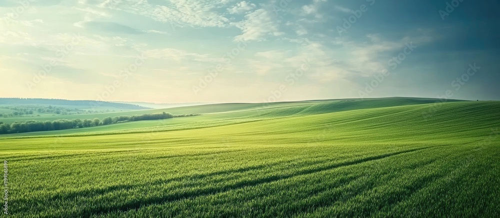 Obraz premium Energizing Electric Pylon Against Lush Green Fields Under a Clear Blue Sky with Expansive Copy Space for Text
