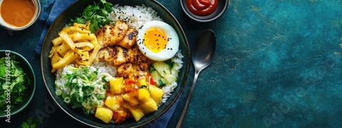 Donburi rice bowl featuring chicken kaia curry, pineapple, fried egg, and vegetables on a table with sauces and blue backdrop photo