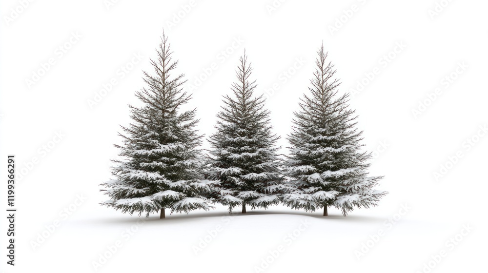 Obraz premium Three snow-covered evergreen trees standing in a row isolated on a white background