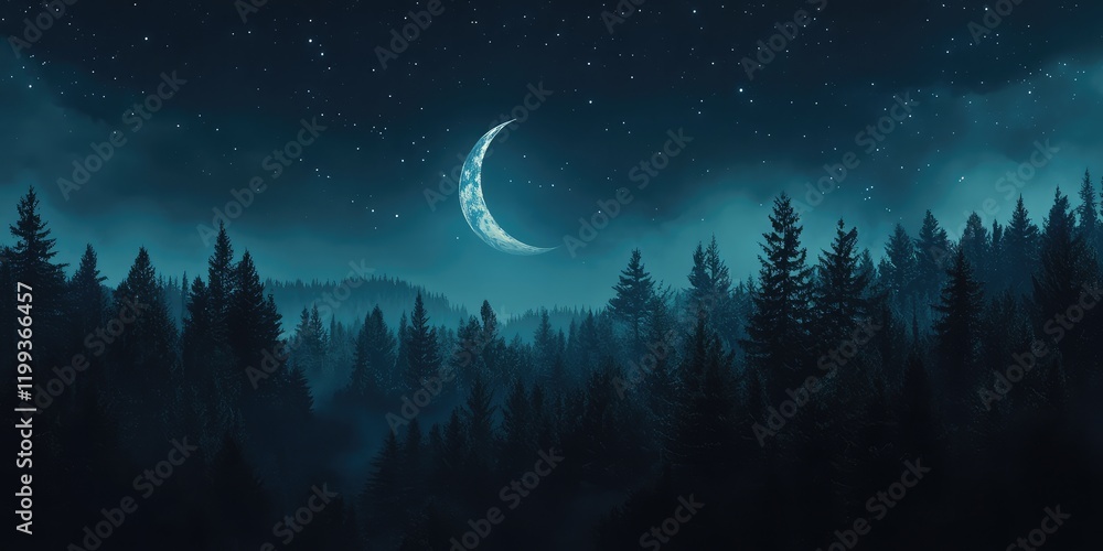 Nighttime Forest Scene with Moon and Evergreen Trees, Starry Sky, Suitable for Seasonal Text Overlay, Cool Blue and Green Tones