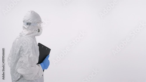  A scientist in PPE coming closer with documents in hand, on a white background