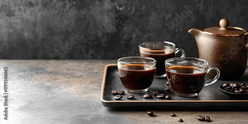 Elegant coffee tasting set featuring dark beverages in glass cups with coffee beans on a rustic tray against a textured dark background. photo