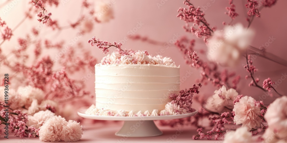Fototapeta premium Delicate white cake adorned with pink floral arrangements in soft ambient light on a pastel background with ample copy space for text.