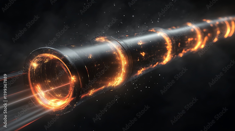 Quantum pipe with energy tendrils and glowing particles extending from its ends in a dark void