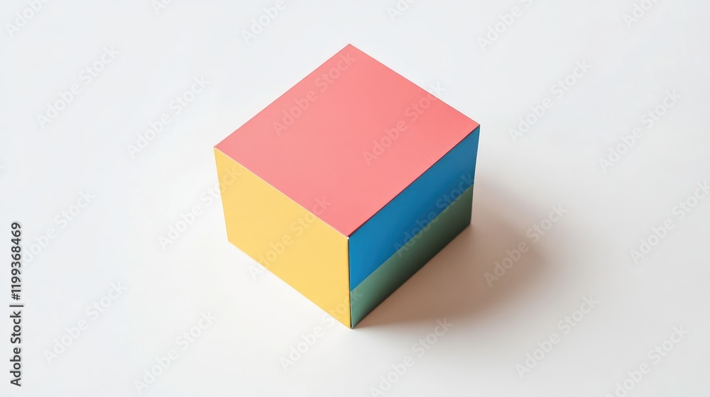 Multicolored Cube on White Surface with Empty Space for Text, Top View Angle Multicolored Cube on White Surface with Empty Space for Text, Top View Angle