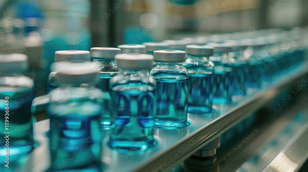 production of medicines and vaccines, a number of glass bottles with medicines on a conveyor belt, blue vials with pharmaceutical products, close-up production of medicines and vaccines, a number of glass bottles with medicines on a conveyor belt, blue vials with pharmaceutical products, close-up