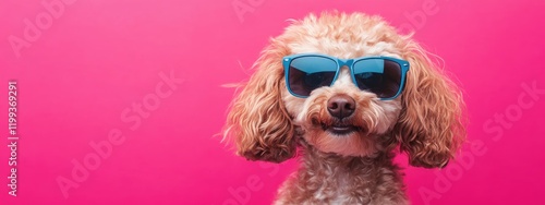 Playful Dog in Stylish Sunglasses Against Vibrant Pink Background with Ample Copy Space for Creative Text and Advertisements photo