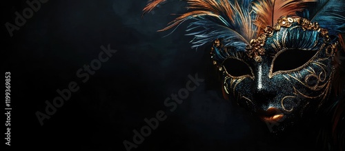 Elegant feathered masquerade mask featuring vibrant blue and orange plumes set against a dramatic black background with ample copyspace. photo