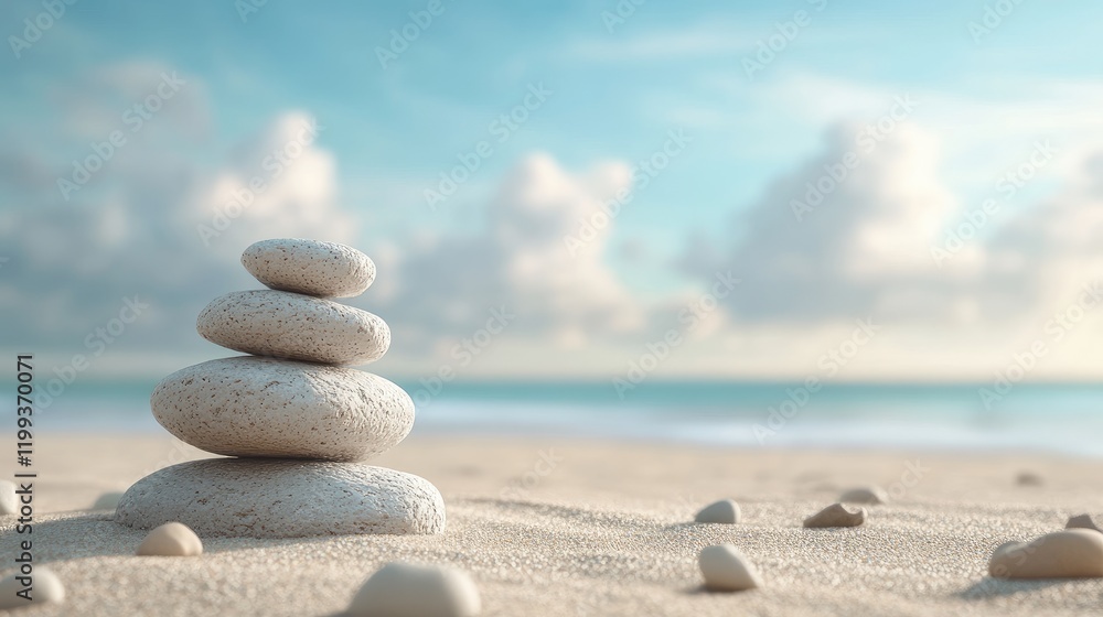 Minimalist beach landscape featuring stacked stones on sand with a soft blue sky and scattered clouds, ideal for book cover design.