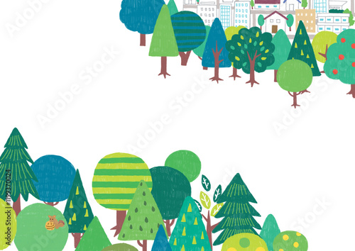 色鉛筆で描いた街と森のフレーム