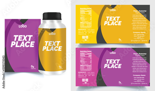 Vitamin label sticker design, natural multi food supplement banner packaging, jar label.