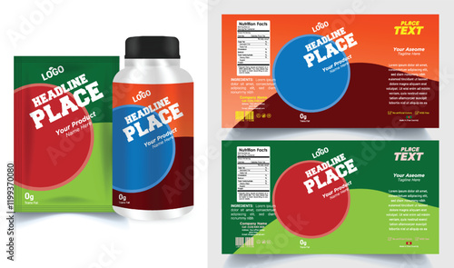 Vitamin label sticker design, natural multi food supplement banner packaging, jar label.