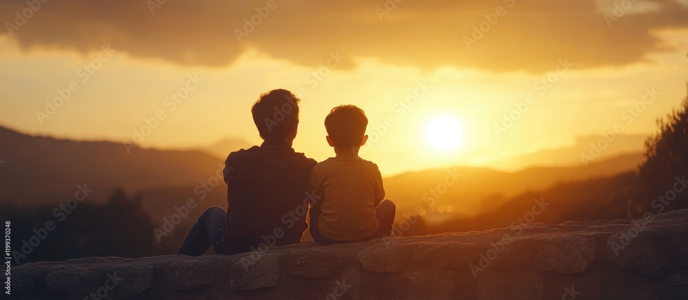 Fototapeta premium Silhouetted father and son seated on a stone wall against a vibrant orange sunset over rolling hills with empty space for text above