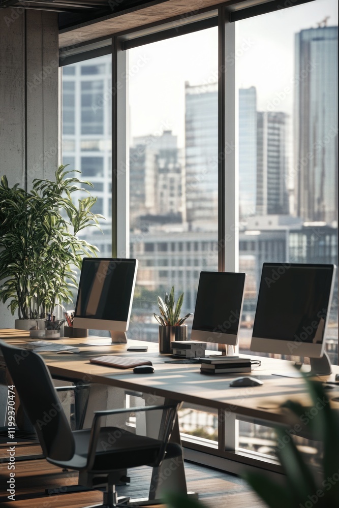 Modern office space with desks, monitors, plants and city skyline view. Modern office space with desks, monitors, plants and city skyline view.