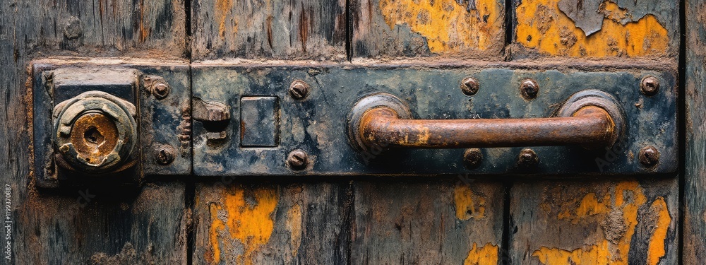 Rusty door latch handle mechanism on weathered wood with orange paint peeling and empty space for text, close-up focus shot. Rusty door latch handle mechanism on weathered wood with orange paint peeling and empty space for text, close-up focus shot.
