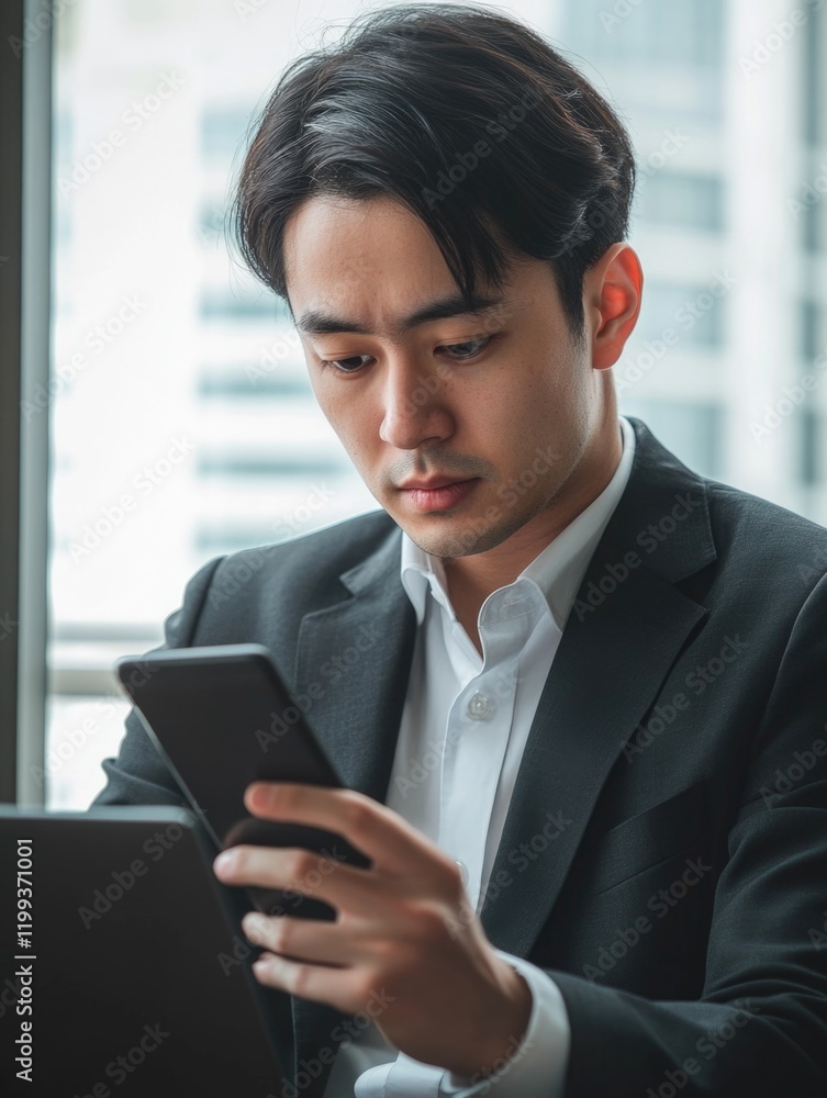 A businessman engrossed in his work, managing multiple digital tasks simultaneously. A businessman engrossed in his work, managing multiple digital tasks simultaneously.