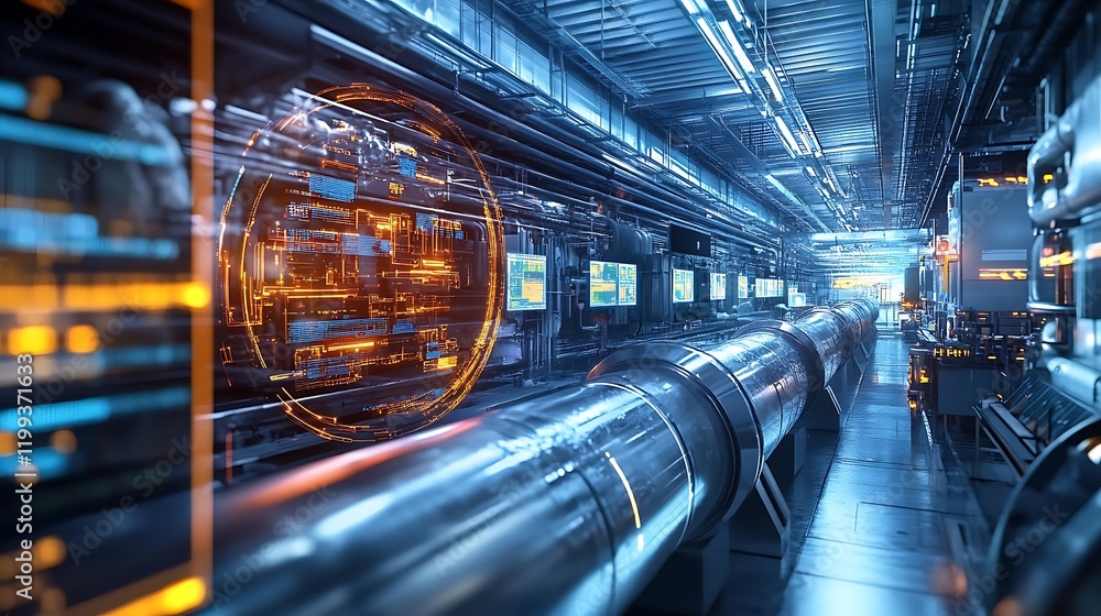Fototapeta premium Quantum pipe in a high-tech chamber with floating displays and advanced machinery creating a dynamic scene