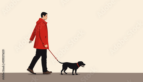 Stylish man walking a dog on a leash in a minimalist outdoor setting with a pastel background