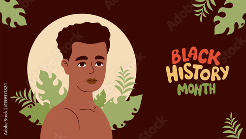 Black History Month poster. African American man with leaves and lettering in colors flag. Vector illustration. Horizontal background template. Annual celebration in USA, Canada, UK