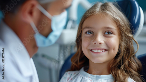 Pediatric doctor performing a simple routine test for a child, smiling warmly. photo