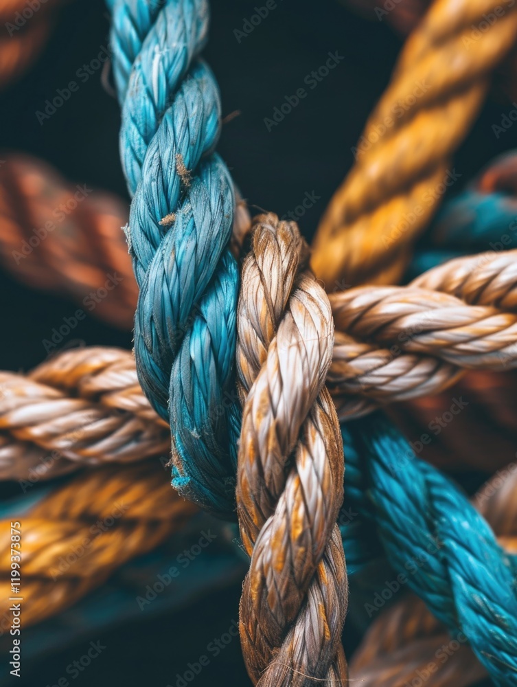 Brightly colored twisted rope knot with various shades of red, white and blue. Brightly colored twisted rope knot with various shades of red, white and blue.