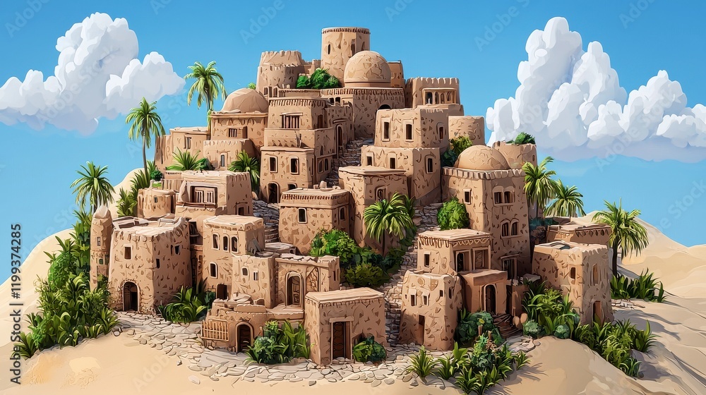 Ancient Desert Village with Sandstone Structures and Palm Trees Ancient Desert Village with Sandstone Structures and Palm Trees