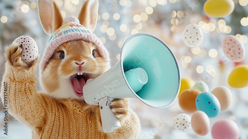 A happy Easter bunny wearing a pastel knitted hat and holding a spotted egg in one paw while enthusiastically using a light blue megaphone in the other. Vibrant Easter eggs float in the background